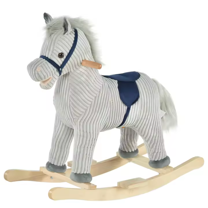 HOMCOM Caballito Balancín Infantil para Niños de +3 Años Caballo Mecedora de Felpa con Sonidos de Relincho y Galope Base de Madera Carga 45 Kg 73x35x64 cm Azul y Rayas Gris - 1