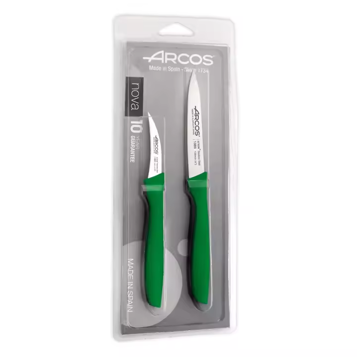 Arcos Set 2 Cuchillos Peladores. 2 Cuchillos Peladores Acero Inoxidable y Mango Ergonómico Polipropileno para Cortar Frutas, Verduras y Tubérculos. Serie Nova. Color Verde. - 1