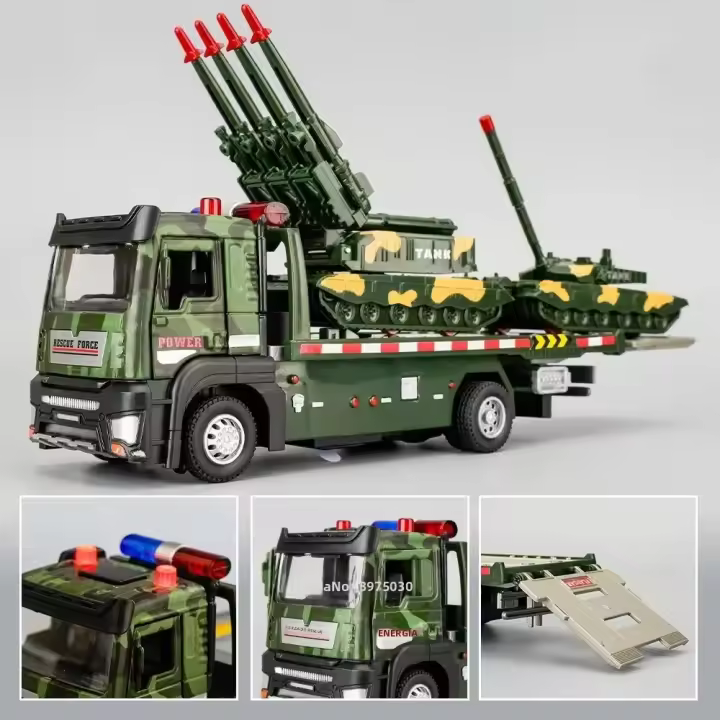 Modelo De Camión De Transporte De Tanques Militares a Escala 1/32 Con Sonido Luz Y Puertas Abiertas Juguetes De Vehículos Para Niños - 1