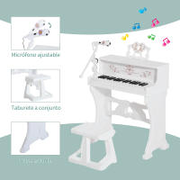 HOMCOM Piano Electrónico Infantil de 37 Teclas Juego de Piano con Modelo Pedagógico Micrófono Taburete Luces y 22 Canciones USB/MP3/Bluetooth Karaoke 53,5x27x63 cm Blanco - details 0