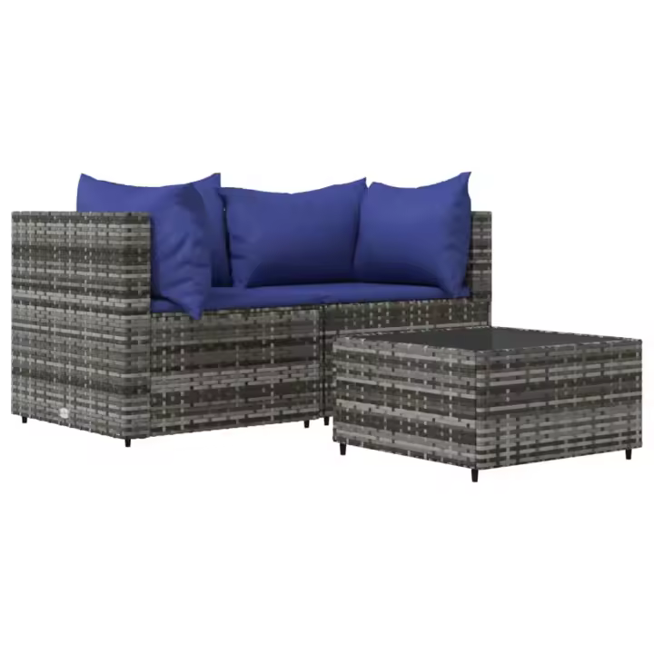 vidaXL Set de muebles de jardín 3 pzas y cojines ratán sintético gris - 1