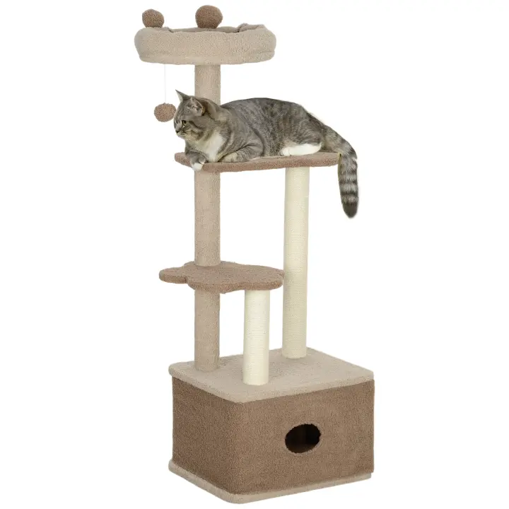 PawHut Árbol Rascador para Gatos Altura 133 cm Árbol para Gatos Torre para Gatos con Nido Plataformas Bola Colgante y Poste de Yute Café - 1