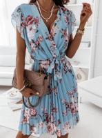 Vestido De Verano Con Encaje Y Estampado Floral De Cintura Larga Estilo Elegante Con Cuello En V Y Mangas Cortas Volantes - details 2