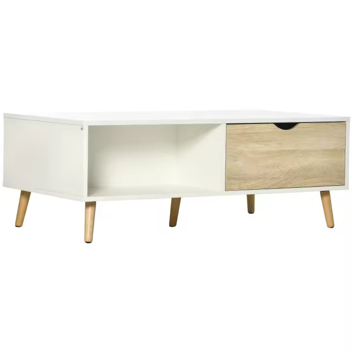 HOMCOM Mesa de Centro Mesa de Salón Moderna con 2 Cajones y Compartimientos Abiertos para Oficina Dormitorio Estudio 106x58x39,5 cm Blanco - 1