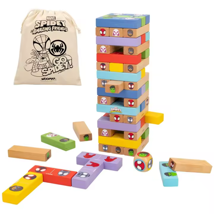 WOOMAX Spidey y su superequipo Juego de bloques de madera 2 en 1, Juego de bloques de madera apilables infantil / Juguetes de madera para niños, regalos para niños / Juegos de mesa para niños - 1