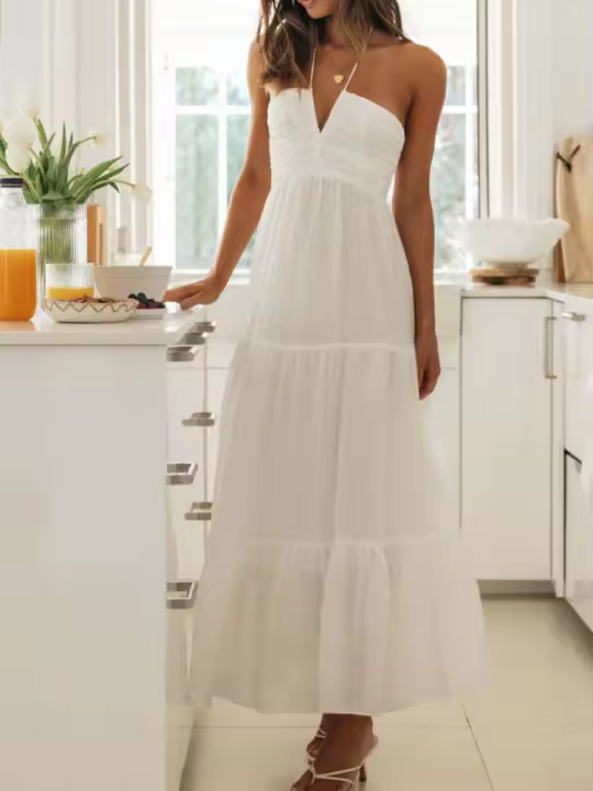 Vestido Maxi Bohemio De Verano Para Mujer En Chiffon Floral Sin Mangas Cuello En V A-Line Largo Con Espalda Descubierta Y Volante - 1