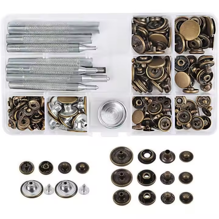 50 botones a presión de metal, 9 herramientas de fijación para reparación de cuero, vestidos, jeans, chaquetas, correas y decoración - 1