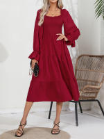 Vestido De Mujer Casual Primavera/Otoño Con Cuello Cuadrado Ruffle Tirantes Manga Larga A-Line Longitud Media Pierna Polyester - details 4