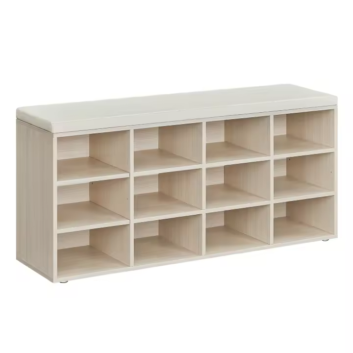 VASAGLE Banco Zapatero, Zapatero con Asiento, con Cojín y 12 Compartimientos, Estantes Ajustables, para Entrada, Sala de Estar, 30,3 x 104 x 48 cm, Blanco Clásico/Marrón Rústico/Marrón Camello/Beige Natural - 1
