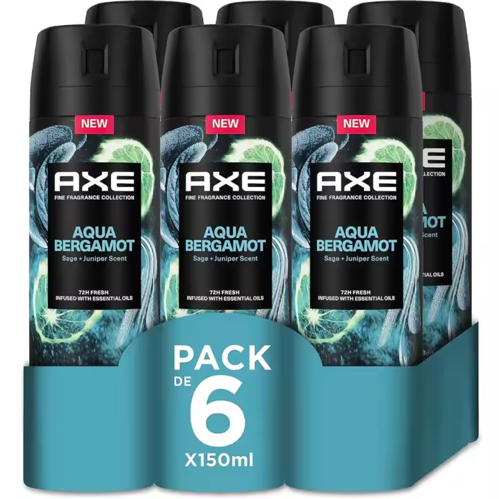 Axe Desodorante para Hombre Bodyspray Premium Aqua Bergamot 150ml (Pack de 6) - Tecnología Dual Action, Fórmula sin aluminio, Componente Zinc Complex 6 que evita el mal olor, Huele irresistible a bergamota cítrica, salvia y bayas de enebro durante 48horas - 1