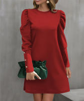 Vestido De Manga Larga Redonda Con Mangas Flotantes Y Botones Para Mujer Estilo Oficina Dama Longitud De Rodilla Poliéster Elástico Suave - details 3