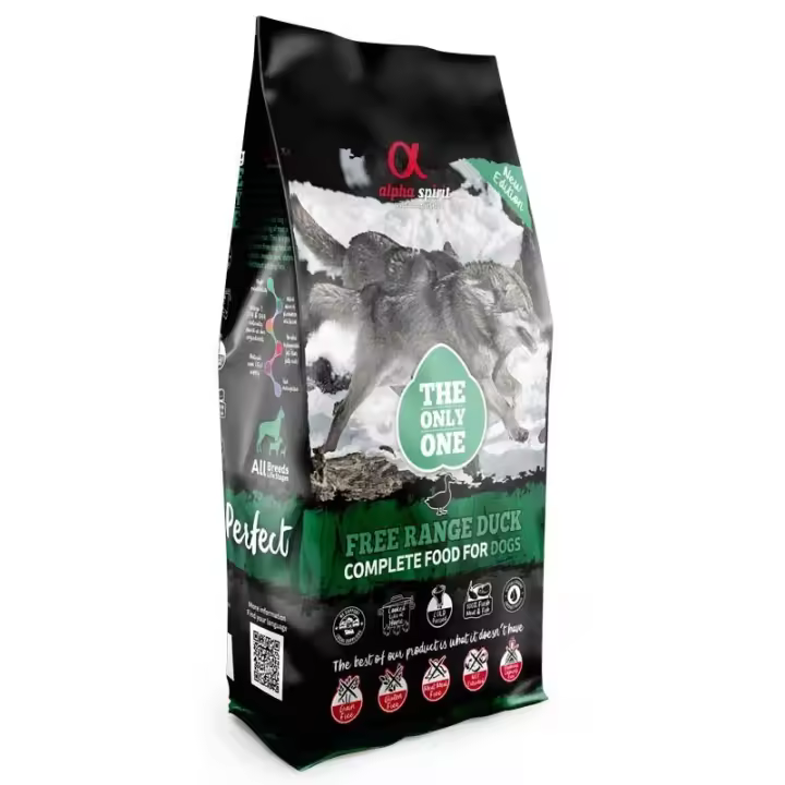 Alpha Spirit Free Range Duck 12 Kg Alpha Spirit Free Range Duck es un pienso 100 % natural e hipoalergénico para perros adultos.  La carne y el pescado no han sido extrusionados, sino que vienen compactados y deshidratados en frío para que no pierdan sus - 1