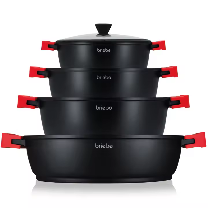 Briebe BLACKT4B Batería Cocina Inducción Antiadherente Titanio, 8 Piezas Aluminio Fundido 4 Ollas sin PFOA Tapa, , Negro - 1