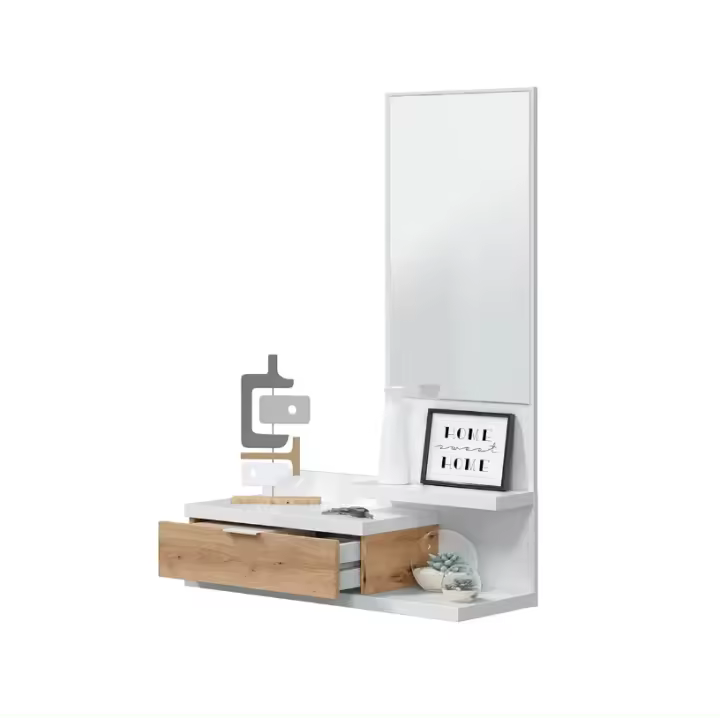 Meimon Recibidor DAHLIA con espejo, tablero melaminizado E1 (15 y 30 mm), cantos PVC (0,6 mm), cajón MDF lacado (12/3 mm), acabado blanco, mueble 116x81x29 cm (máx. 8 kg), espejo 70x40x0,3 cm, cajón 10x48x25 cm (máx. 5 kg) - 1