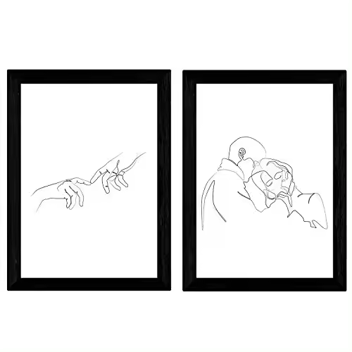 Nacnic Set De 2 Láminas De Dibujos Con Un Solo Trazo "Abrazo De Pareja Y Manos". Posters Con Una Sola Linea. - 1
