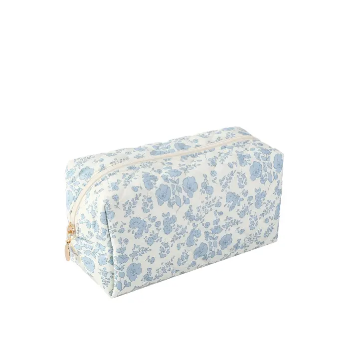 Neceser grande con cremallera para maquillaje, organizador de cosméticos de viaje para mujer (Flor azul pequeña, grande) - 1