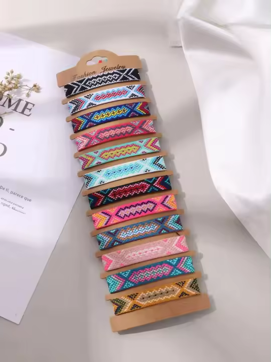 Nuevo Set De 12 Pulseras Tejidas Bohemianas Con Estampado De Rayas Para Hombres Y Mujeres Pulseras De Moda Para Surfistas - 1