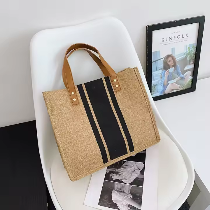 Bolso De Mano De Lona Simple Con Rayas Para Mujer Gran Capacidad Casual Bolso De Hombro Y Cruzado Con Asa Superior - 1