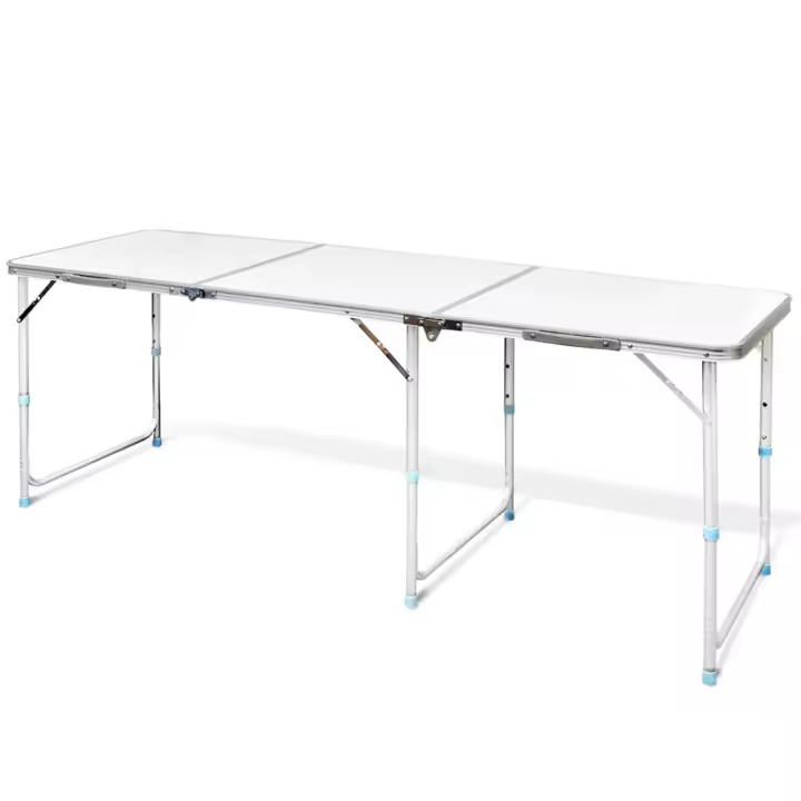 Tradineur - Mesa de madera plegable con estructura metálica, altura fija, patas antideslizantes, portátil, jardín, camping, hogar, 180 x 60 x 70 cm - 1