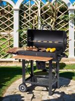 Barbacoa de Carbón Louisiana, Acero/Madera, Mesas Plegables, con Ruedas, Estantería Inferior, Negro - details 1
