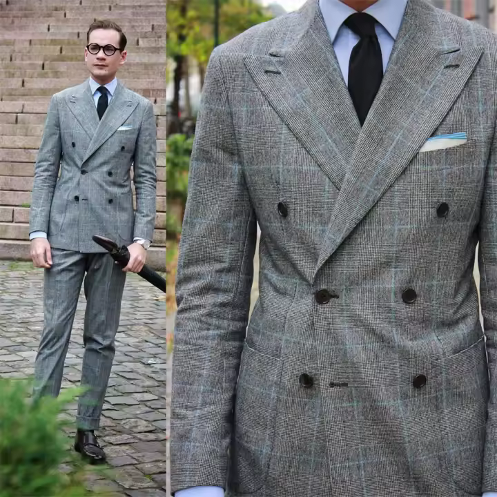 Traje De Novio De Moda 2024 Para Hombre Gris a Cuadros Slim Fit Traje De Negocios Doble Botón Casual Con Chaqueta Y Pantalones - 1