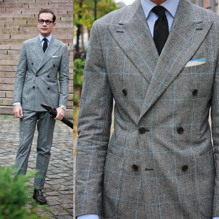 Traje De Novio De Moda 2024 Para Hombre Gris a Cuadros Slim Fit Traje De Negocios Doble Botón Casual Con Chaqueta Y Pantalones - 1