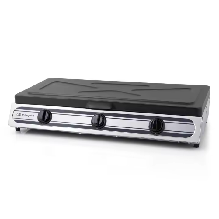 Orbegozo hornillo de gas FO 3510, cuerpo inox, encendido piezoeléctrico, gas butano/propano, 2 quemadores triple corona + 1 quemador normal, uso interior y exterior - 1