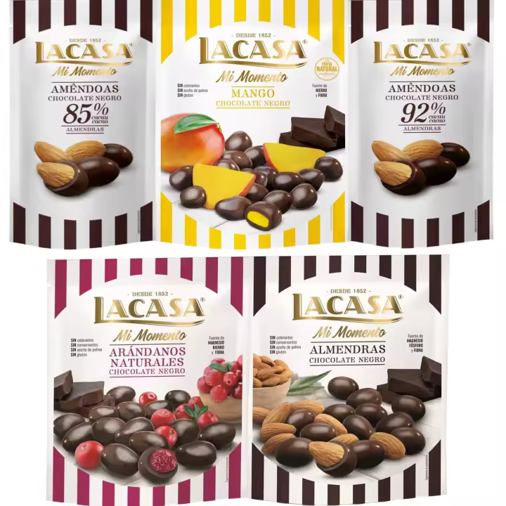 Lacasa Mi Momento pack de 5:Almendra 92% ,Almendra 85% ,Arándano Chocolate Negro ,Almendra Chocolate Negro ,Mango Chocolate Negro - 1
