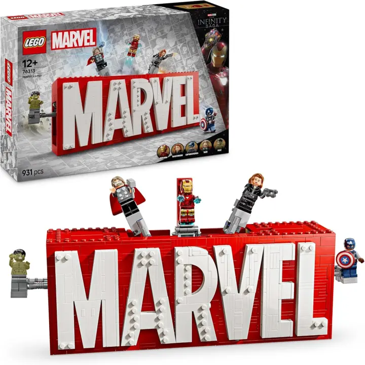 LEGO Marvel: Logotipo MARVEL y Minifiguras de Vengadores Capitán América, Hulk, Thor, Iron-Man y Viuda Negra, Maqueta 3D de Decoración, Juguete de Superhéroes para Niños y Niñas de 12 Años o Más (76313) - 1