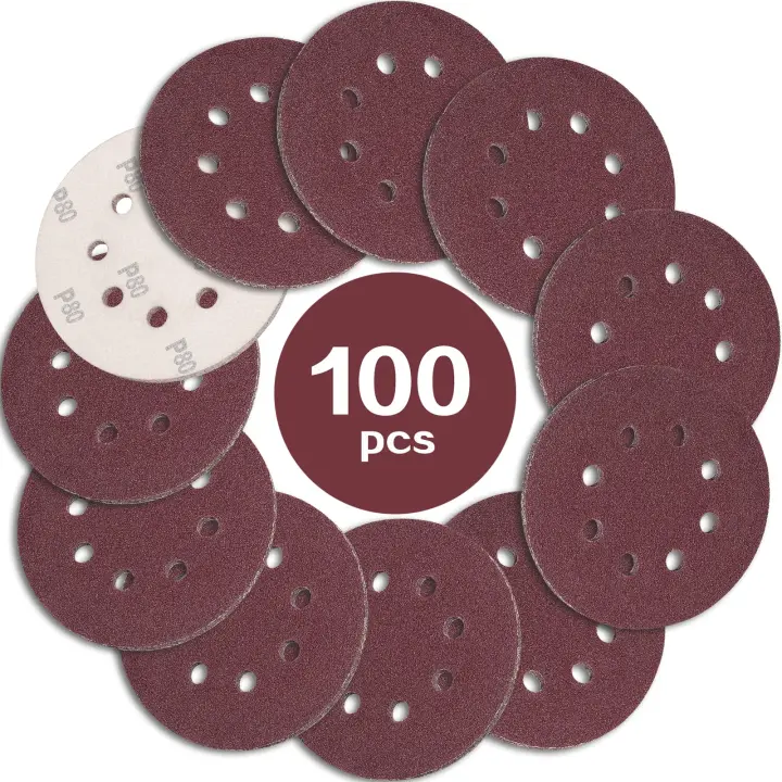 100 discos de lijado de 125mm, trigo 80, 8 tacos, ideales para lijar y pulir con LIJADORA ORBITAL. - 1
