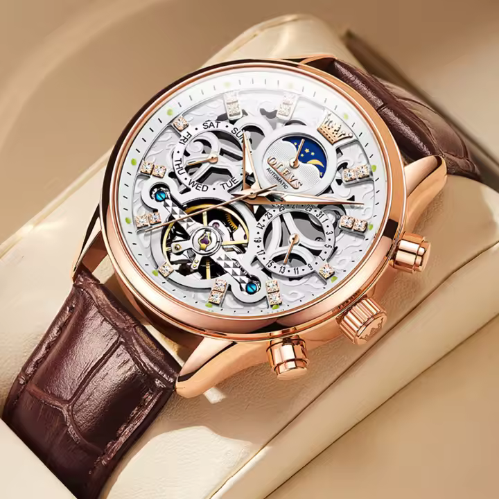 Reloj Mecánico Para Hombre OLEVS 6658 Con Fase Lunar Y Luminosidad Resistente Al Agua De Cuero Acero Inoxidable Y Dial Luminoso - 1