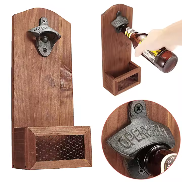 Abrepuertas De Madera Para Cervecilla Y Vino Con Cather Para Botellas Vintage Para Cocina Fiesta Barra Montado En La Pared - 1