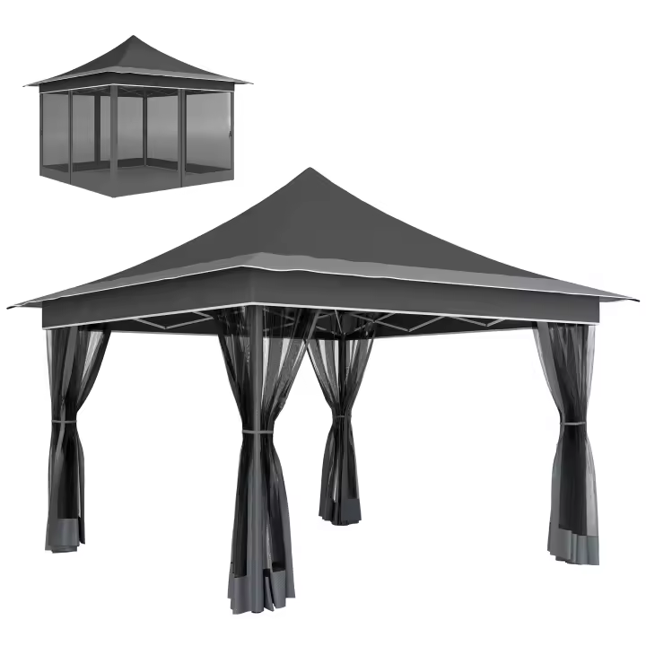 Outsunny Carpa Plegable 3,5x3,5x3 m Cenador de Jardín con Altura Ajustable 4 Mosquiteras Protección UV50+ Impermeable y Bolsa de Transporte Gazebo para Exterior Fiestas Camping Gris Oscuro - 1