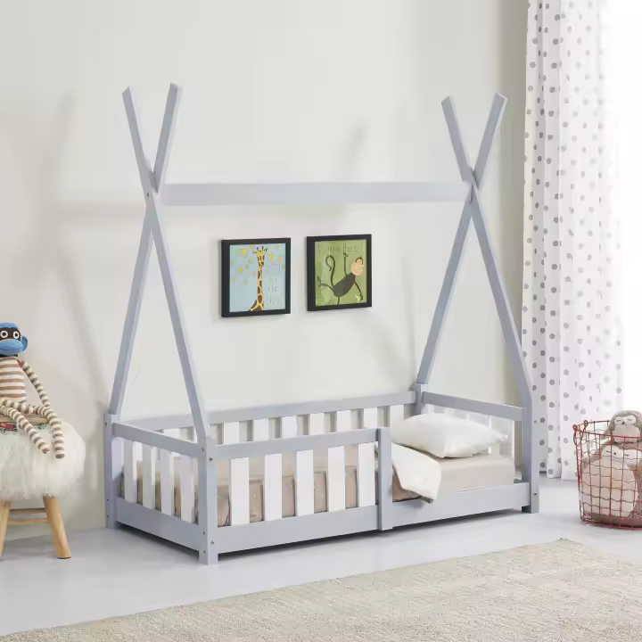 Cama infantil Helsingborg con reja de seguridad - Estructura tipi - pino 140x70 cm - Gris claro [en.casa] - 1