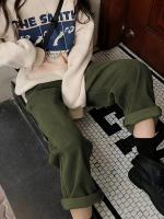 Nuevas Pantalones Casuales Para Mujer Cintura Alta Color Sólido Corduroy Pierna Recta Suelta Botones Talla Ajustable Todo El Año - details 2