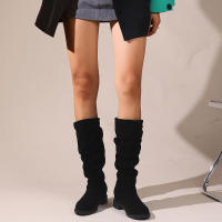 Botas De Media Caña Cómodas Para Mujer Con Punta Redonda, Slip-on, Tacón Medio, Plataforma, Upper De Tela, Suela De TPR, Diseño Clásico. - details 1