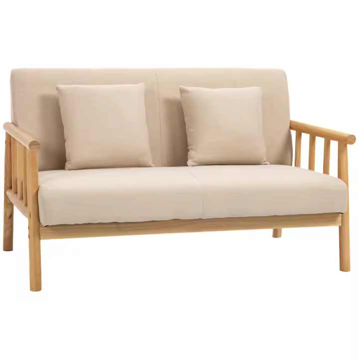 HOMCOM Sofá 2 Plazas Sofá con 2 Cojines Lumbares Sofá Acolchado con Estructura de Madera Aspecto Lino Moderno Sofá Doble para Habitaciones Pequeñas Salón Dormitorio Beige - 1