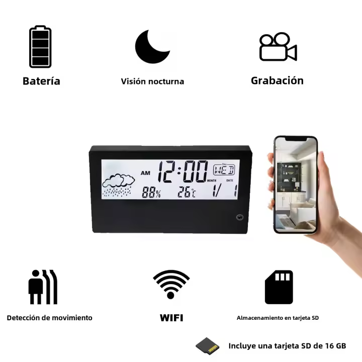 Cámara Inteligente Wi-Fi F6 Con Reloj De 16GB SD Adecuada Para Niño Grabadora De Video Covert Nanny Visión Nocturna Inalámbrica 4K Interior - 1