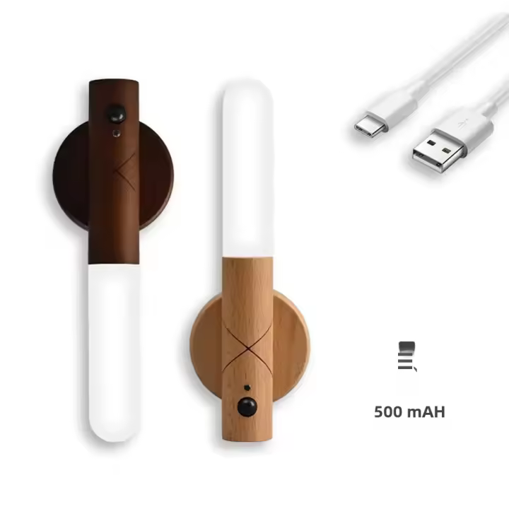 Luz Nocturna LED De Madera Con Sensor De Movimiento USB Recargable Dimmer 3 Temperaturas De Color Soporte De Pared Magnético - 1