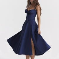 Vestido De Playa Para Mujer Con Estampado Floral Cuello Cuadrado Ajuste Frontal Y Abertura En Pierna Midi Polyester Sin Mangas Vestido De Noche - details 28