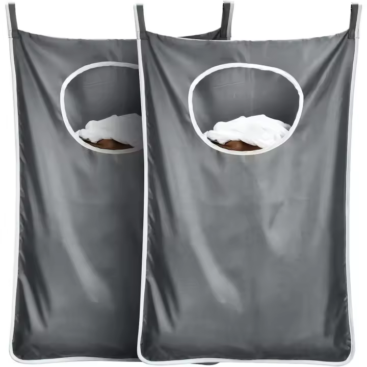 Cesta colgante para ropa sucia, duradera, con gancho de acero inoxidable que ahorra espacio y cremallera detrás de la puerta, ideal para baño, habitación infantil, viajes y dormitorio, paquete de 2 (extragrande, gris oscuro) - 1