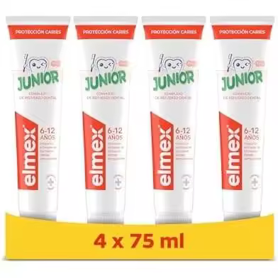Elmex® Pasta de dientes junior 6-12 años | Pack 4 Uds x 75ml | Protección contra la caries con menta | Sin colorantes | Pasta de dientes infantiles para dientes más fuertes | Goma y esmalte | Elmex® Baby - 1