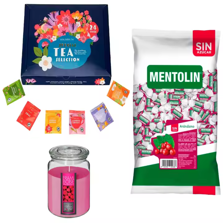 Pack Balsámico: MENTOLIN ARANDANO S/A BOLSA 1KG + Vela perfumada de frambuesa + Set de Te con 24 bolsitas con diferentes sabores y aromas - 1