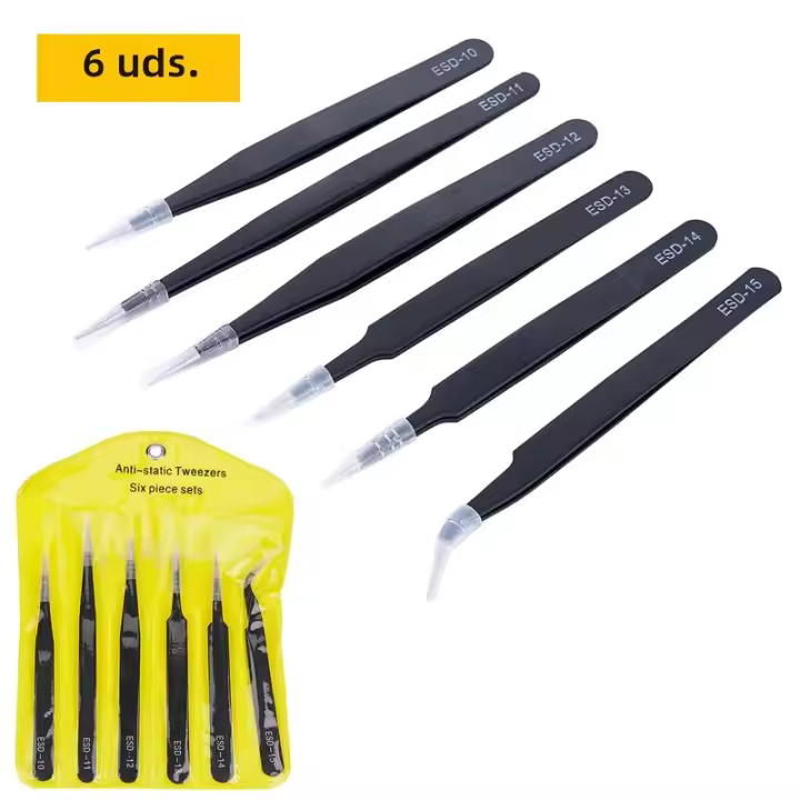 Set De 6 Pinzas De Precisión ESD Antiestática Acero Inoxidable Herramientas De Reparación Para Electrónica Y Artesanía - 1