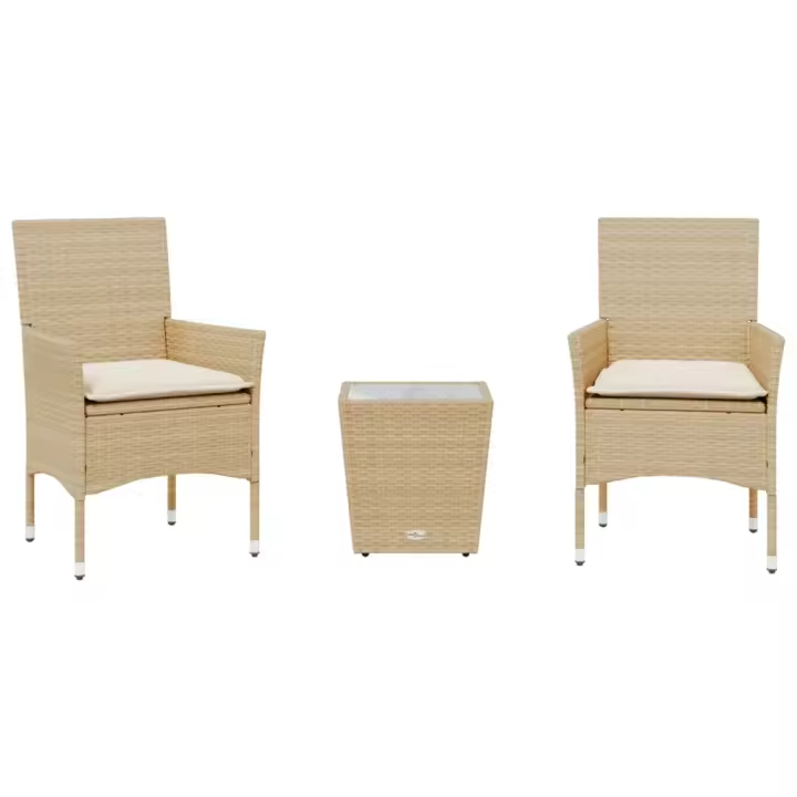 vidaXL Mesita y sillas con cojines 3 pzas ratán sintético vidrio beige - 1