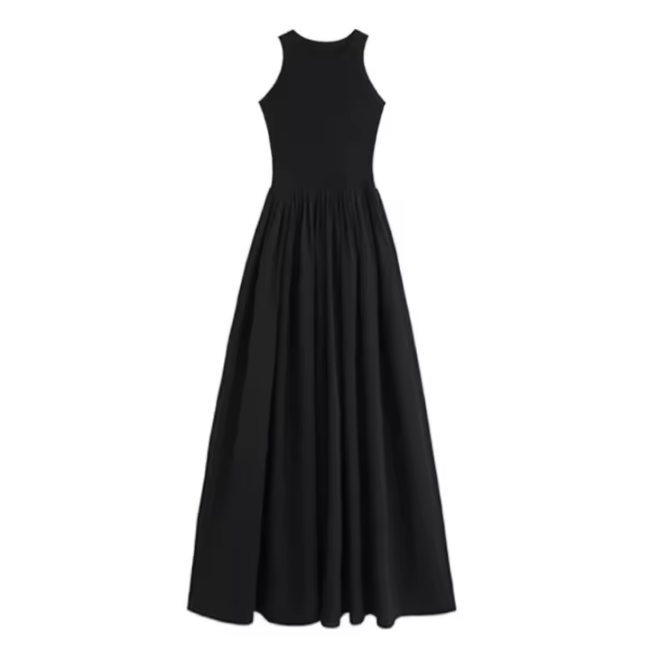 Vestido Hepburn Estilo Francés De Verano En Negro Sin Mangas Cinturado Con Bolsillo Vestido De Falda A-Line Para Niña - 1