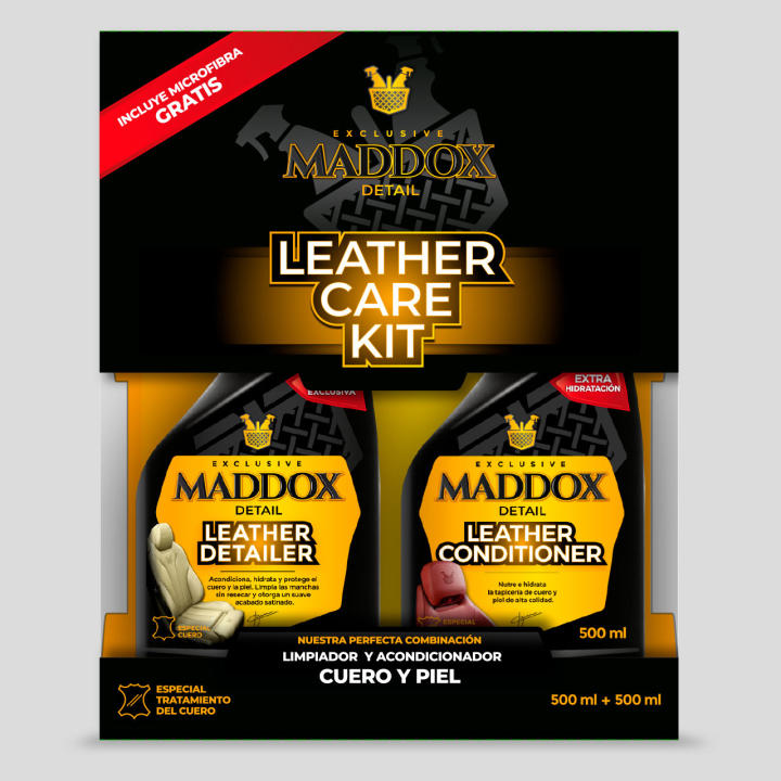 Maddox Detail - Leather Care Kit - Limpiador y Acondicionador de Cuero y Piel. Incluye Microfibra Gratis. Kit Limpiador Tapiceria Coche. Limpia Tapicerias. Limpiador Tapiceria Coche.