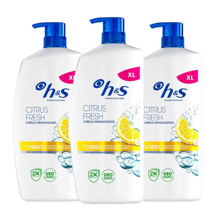 H&S Citrus Fresh Champú Anticaspa para Pelo Graso, 2400ml, con Dispensador. Hasta 100% de Protección Anticaspa, Clínicamente Probado. Para Uso Diario. Frescor y Limpieza con Aroma a Cítricos 3x800ml - 1