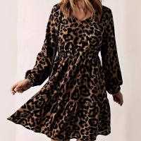 Vestido Largo De Manga Larga Con Estampado Leopardo Para Mujer Estilo Casual Europeo Y Americano Cuello En V Longitud De Rodilla - details 1