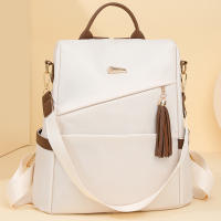 Mochila Antirrobo para Mujer - Elegant Bolso de Viaje y Comunicación de Nylon Bicolor with Correas Ajustables, Gran Capacidad, Diseño Blanco y Marrónes, Herrajes en Tono Dorado, Mochipa para Viajes - details 2